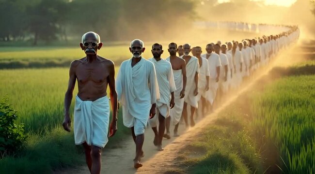 Farmers Walking in Rice Paddy Field &ndash; Group of Elderly Indian Men in White Dhoti at Golden Sunset Horizon