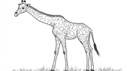 Giraffe standing in grassland, side view, black and white drawing