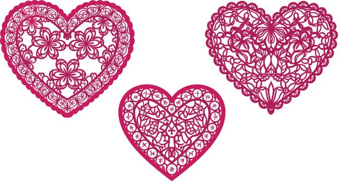 Ornamental pink lace heart vector collection with floral pattern for wedding decor, laser cut template, romantic Valentine's day greeting card design