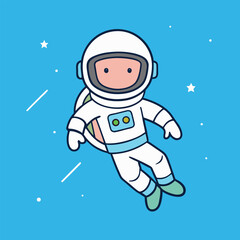 A cute cartoon astronaut boy wearing a red Santa hat celebrates a cold winter Christmas night on the moon with a snowman under a star filled space sky in this holiday vector illustration