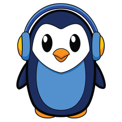 A cute cartoon penguin illustration featuring a happy bird character in a cold winter arctic nature setting with blue ice and white snow isolated on a black background
