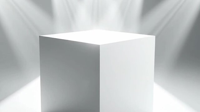 Minimalist white cube illuminated by spotlights, perfect for product display or abstract concepts.