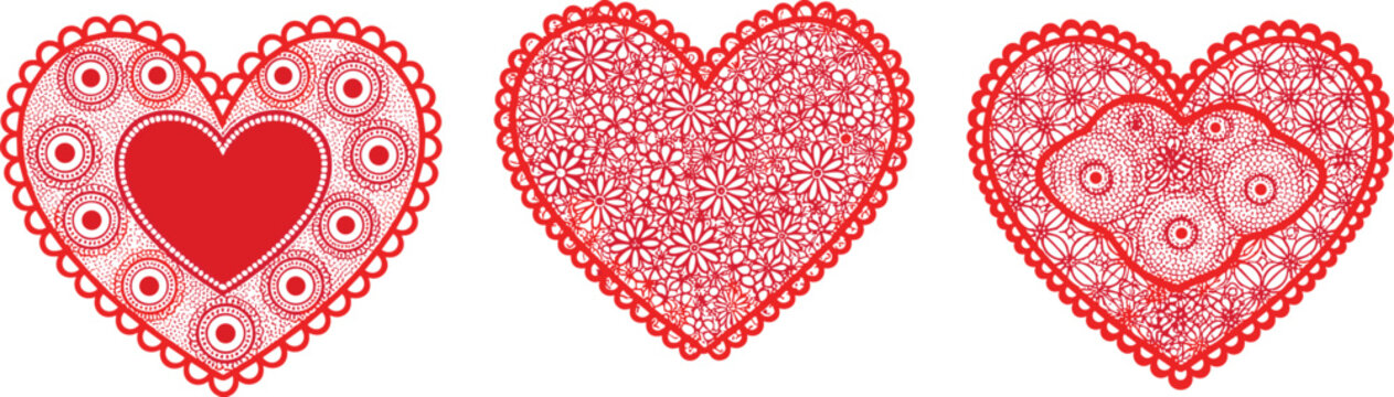 Decorative red lace heart vector set with floral and geometric patterns for wedding invitation, romantic Valentine's day greeting card design
