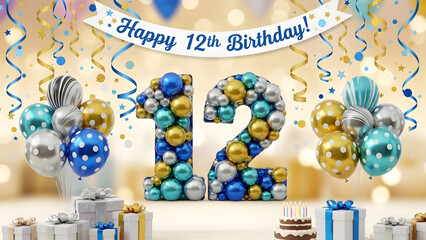 A vibrant 12th birthday celebration scene featuring large balloon numbers surrounded by gifts cake and colorful decorations