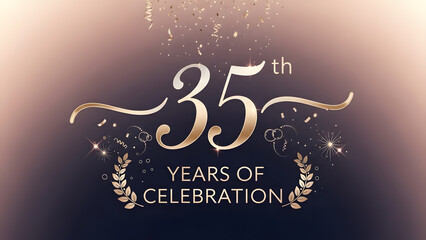 A sophisticated dark background with golden lettering celebrating 35 years of success or marriage with laurel leaves and sparkles