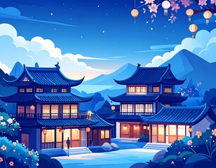Serene evening scene of traditional oriental architecture. Buildings with lit windows, flowering trees, and soft lighting
