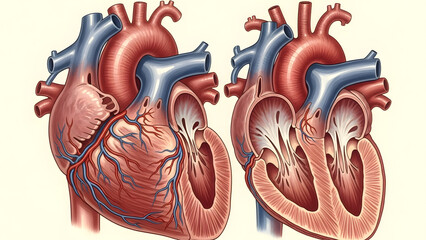 A detailed medical illustration showing both the external view and internal cross-section of a human heart