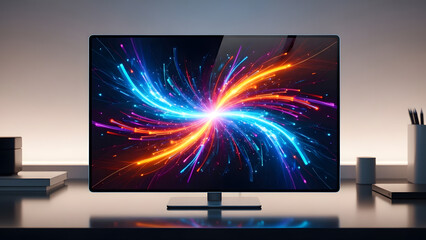 A digital screen displaying a vibrant explosion of colorful light trails and sparks in a dark room setting