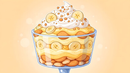 A delicious layered banana pudding in a glass bowl with whipped cream wafers and fresh banana slices