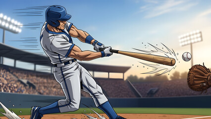 A dynamic illustration of a baseball player in blue and white uniform swinging a bat to hit a ball