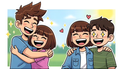 A cute cartoon illustration showing two pairs of friends hugging and laughing with stars and hearts symbols