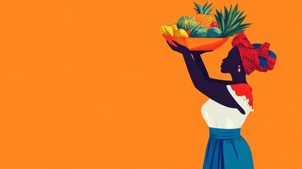 Woman holding fruit bowl in vibrant colors.