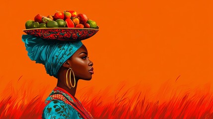 Woman carries fruits on her head, vibrant colors.