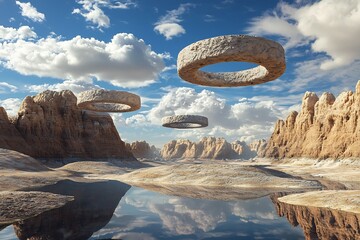 Floating stone rings defy gravity above a serene desert lake reflecting the sky creating surreal wonder under a sky blue