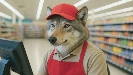 Anthropomorphic wolf working as cashier in supermarket, wearing red uniform and cap.
