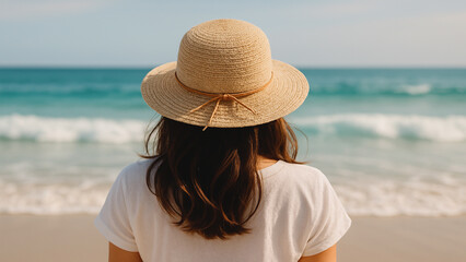 Back view of young woman in sun hat enjoying sea view, relaxation and travel lifestyle background.