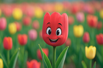 Happy tulip character in blooming garden, cheerful spring nature illustration.