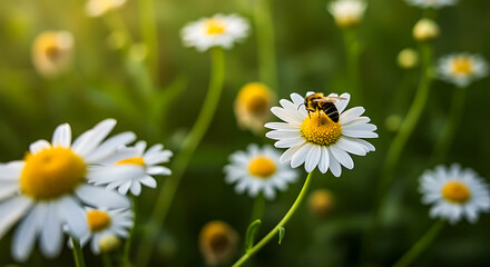 Fototapeta premium Bee on white daisy flowers in green field yellow