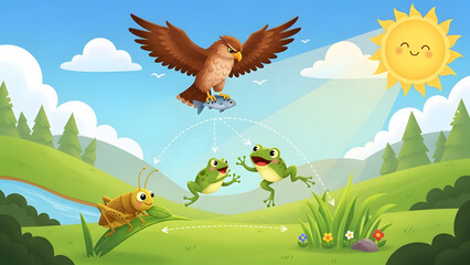 A colorful cartoon illustration showing a food chain with an eagle frogs and a grasshopper in a sunny meadow