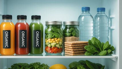 Healthy fridge shelf with organic juices, fresh vegetables in jars, whole grain crackers and bottled water, clean eating concept.
