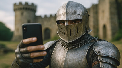 Medieval knight in full armor taking a selfie with smartphone in front of ancient castle, humorous contrast of past and present.