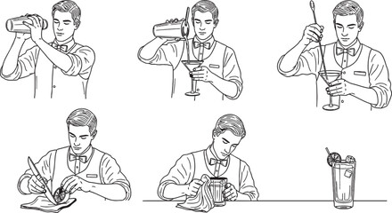 A step-by-step guide showing a bartender preparing and serving a cocktail, from shaking to garnishing.