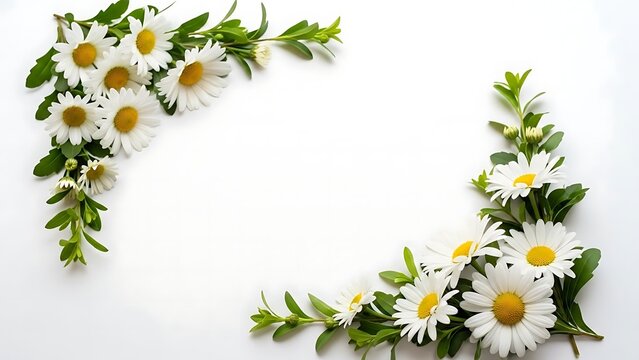 Elegant spring border with fresh white daisies and green foliage on a pristine white background, perfect for decorative designs