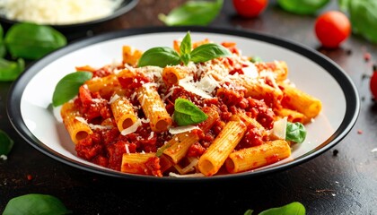 Delicious rigatoni pasta with rich tomato sauce, cheese, and basil