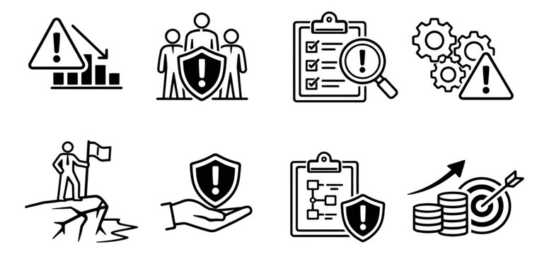 Line art business icon set featuring warnings, security, and achievement symbols for management and strategy