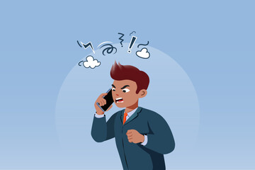 Businessman talking on phone with frustrated and angry manner with intense expression and doodle furious sign. Vector. 