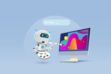 AI robot drawing, painting creative digital art on computer screen. Artificial Intelligence innovation technology generate art from prompt text. 3D vector.