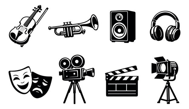 Graphic performing arts and media icon set featuring musical instruments, audio equipment, theater masks, and film production elements for creative design