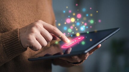 Person donating online with tablet and glowing button