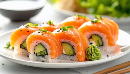 Close-up of sushi rolls with salmon, avocado, rice, and green garnish on white plate