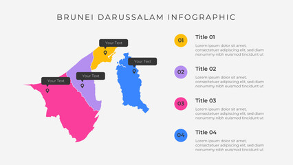 Brunei map infographic template with 4 options. Brunei administrative map infographic for presentation.