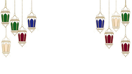 Elegant hanging lanterns in red blue green and gold on transparent background