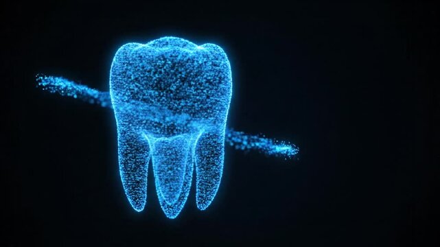 A futuristic digital representation of a tooth with particles and lines on a black background from a straightforward viewpoint