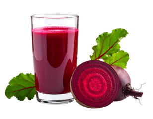 Vibrant beet juice in glass, sliced root, and fresh green leaves
