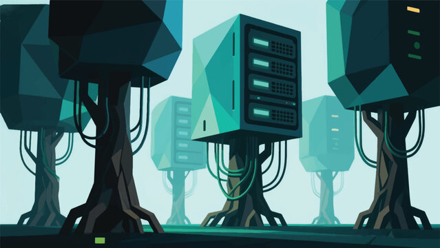 Illustration Of Giant Servers Standing Like Ancient Trees With Cable Roots Extending Geometrically Vector Design Template