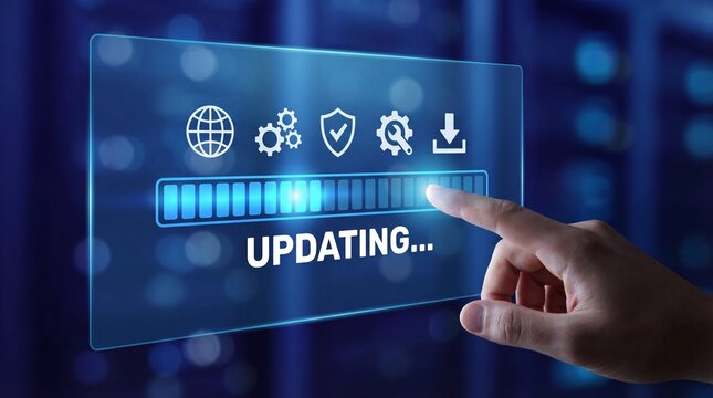 Hand interacting with futuristic updating interface screen - Powered by Adobe