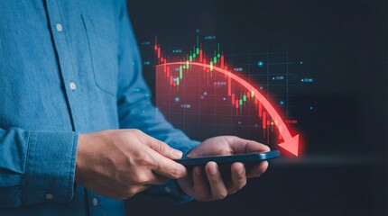 Man analyzing declining stock market graph on smartphone