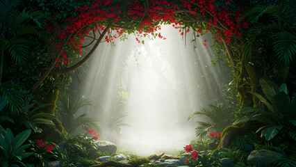 Lush jungle archway with red flowers and sunbeams forest bougainvillea