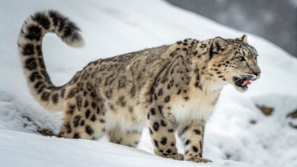 Fototapeta premium Close Up of Snow Leopard Walking on Snow With Playful Cute Expression
