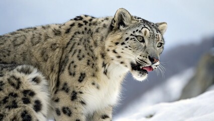 Obraz premium Close Up of Snow Leopard Walking on Snow With Playful Cute Expression