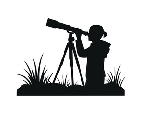 Silhouette illustration of a young person observing the night sky with a powerful telescope, symbolizing curiosity, scientific exploration, and the wonder of astronomy © The blitz