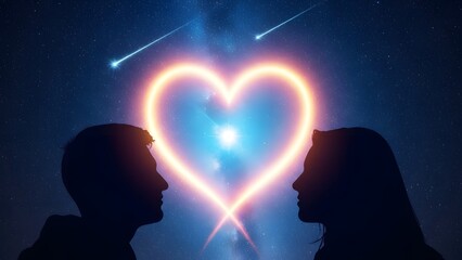 Silhouette of couple looking at each other under a glowing heart in a starry night sky with shooting stars