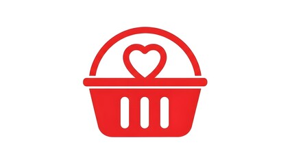 Red shopping basket icon with a heart symbol inside, representing love for shopping or favorite items, isolated on white background