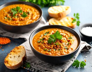Two bowls of steaming orange lentil soup are garnished with parsley, alongside toasted bread and a bowl of salt on a blue surface