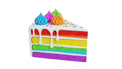 Slice of Rainbow Layer Cake with Swirled Frosting and Sprinkles