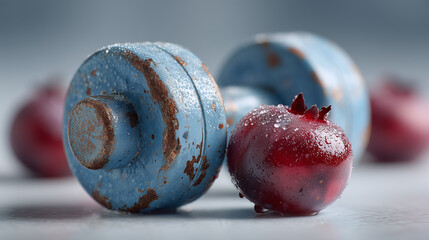 A mini dumbbell blue color on the white floor with red berry , fresh food image.